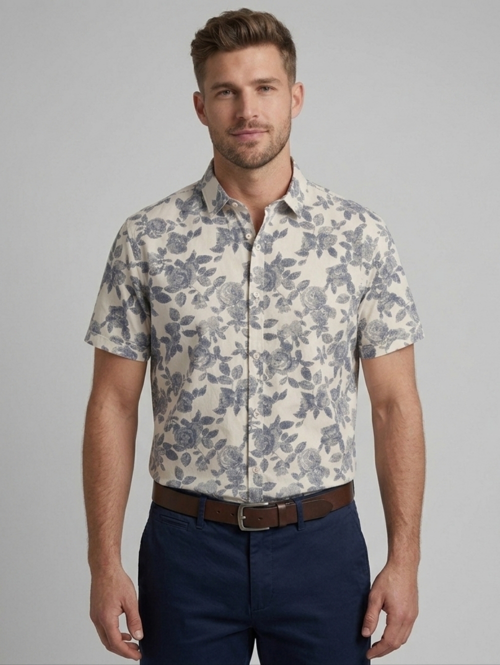 Steel & Jelly London XL Cotton Blue White Botanical Floral Smart Casual Shirt